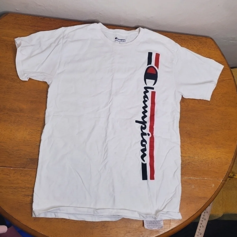 Champion Vertical Logo Short Sleeve T-Shirt White/Blue/Red Men's Small - Picture 2 of 8